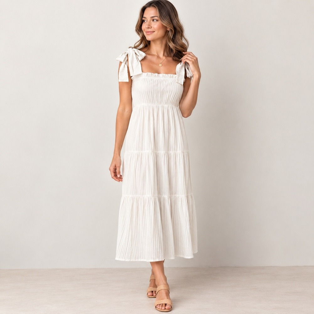 ASOS Women Size 6 White Micro Pleated Midi Dress Tie Shoulder Tiered Boho Beach